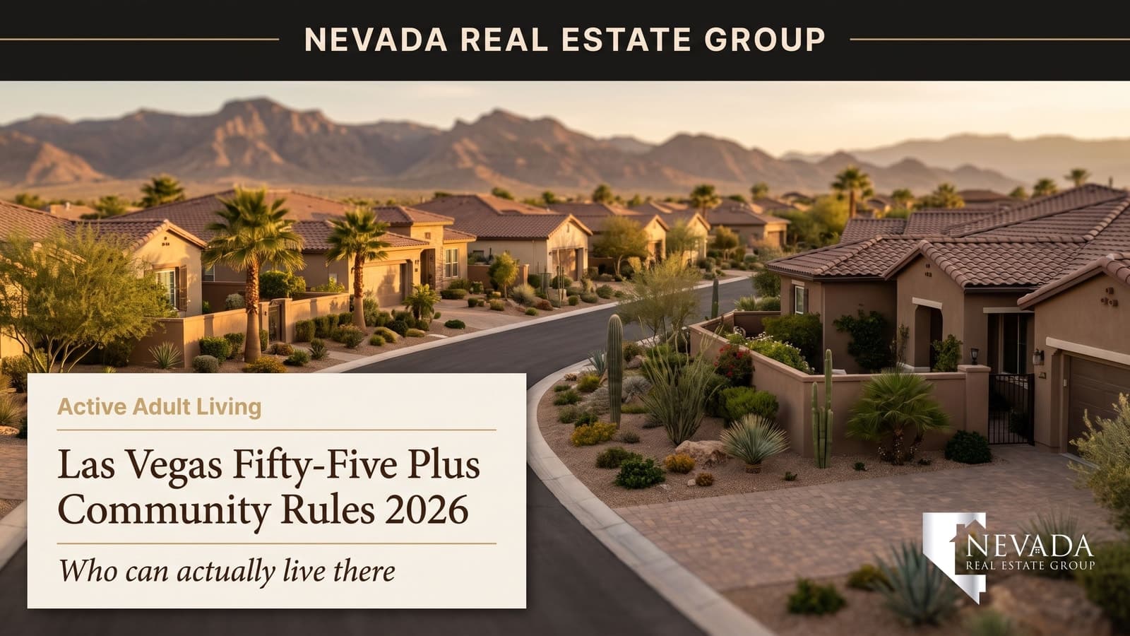 Single-story homes on a landscaped street in a Las Vegas active-adult 55+ community with mountain views