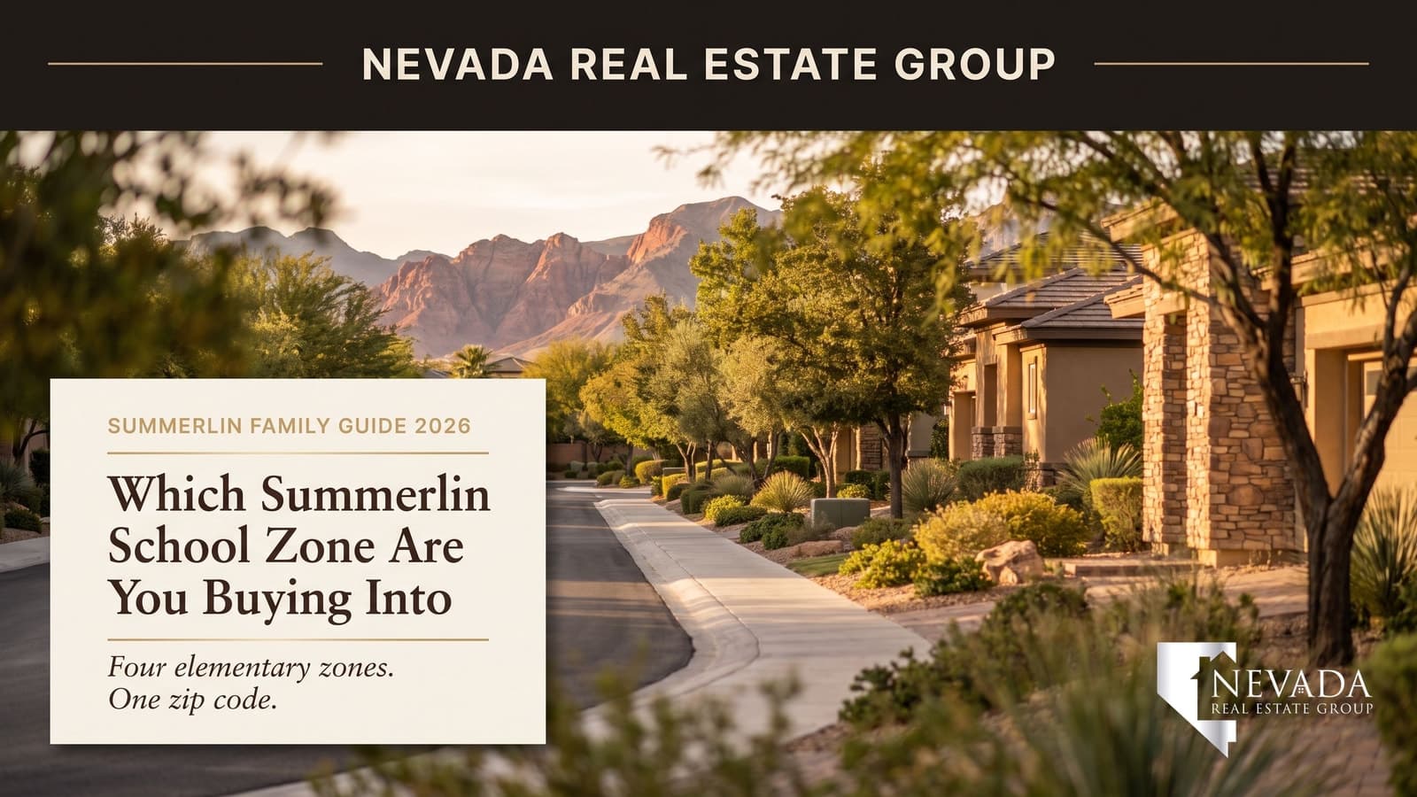 Tree-lined residential street in Summerlin's 89135 ZIP code with the Red Rock ridgeline behind it
