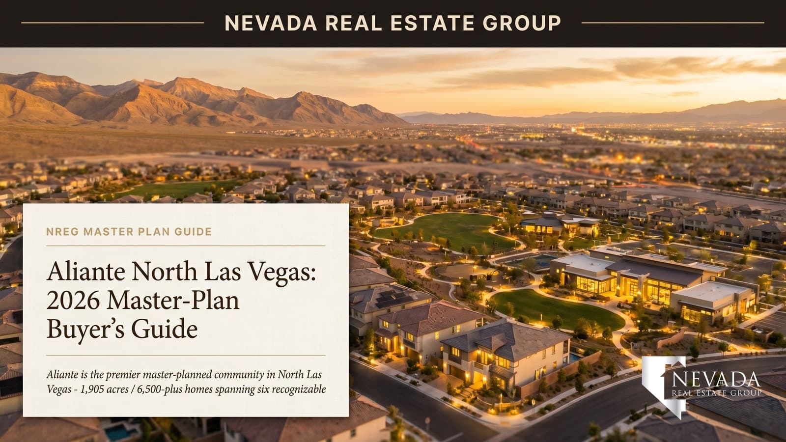 Aliante North Las Vegas master plan aerial at sunset with golf course Nature Discovery Park and casino