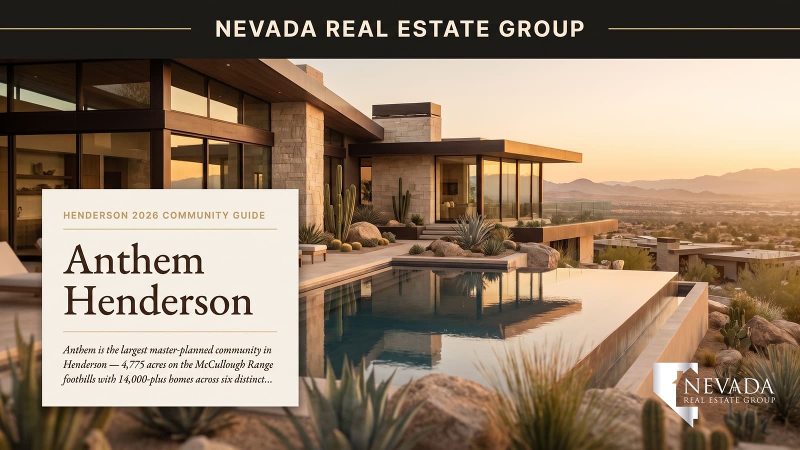 Anthem Henderson master plan aerial view at sunset with golf course and McCullough foothills