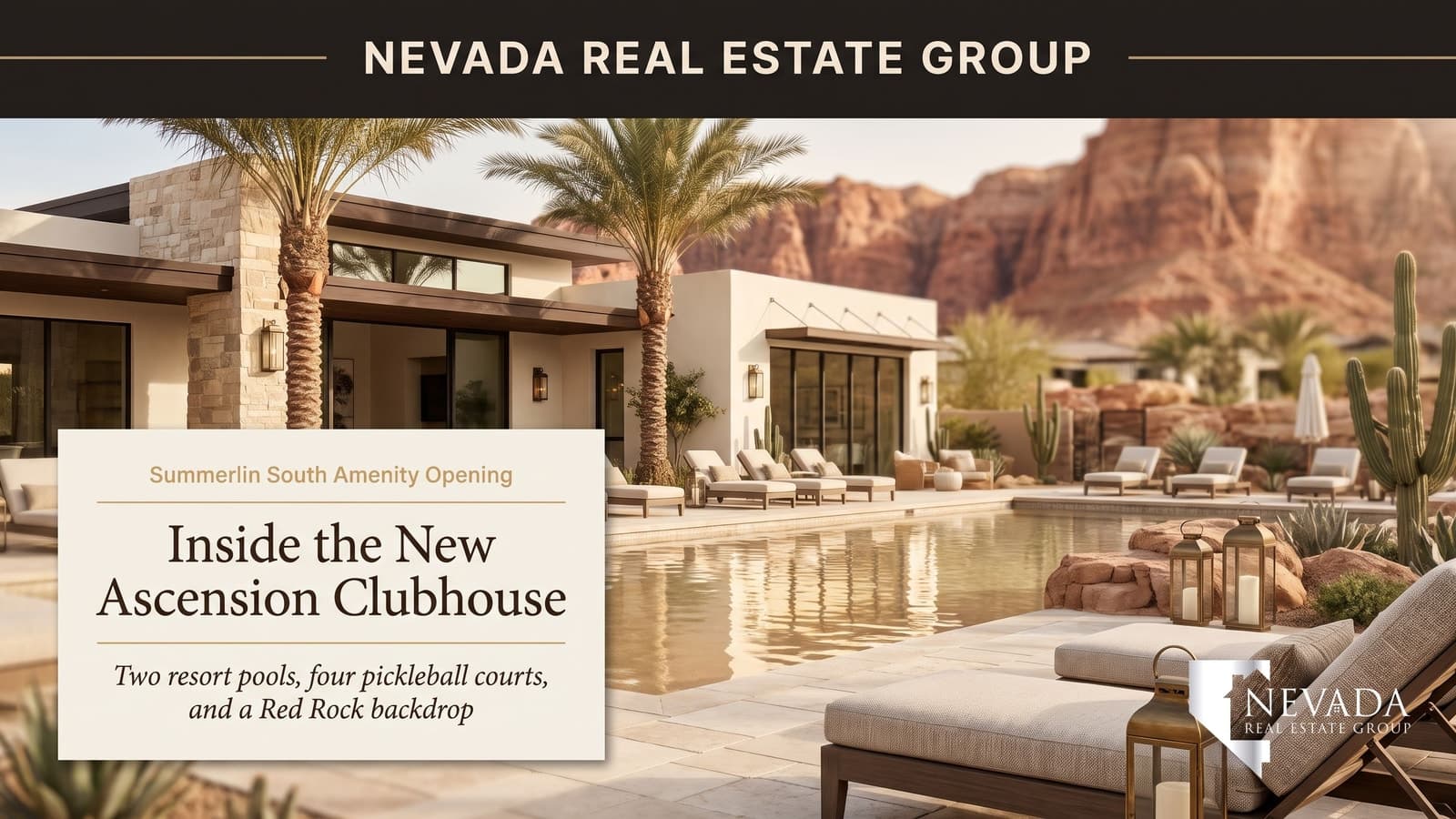 Resort-style clubhouse pool terrace in a guard-gated Summerlin South luxury community with Red Rock Canyon and desert mountains in the background