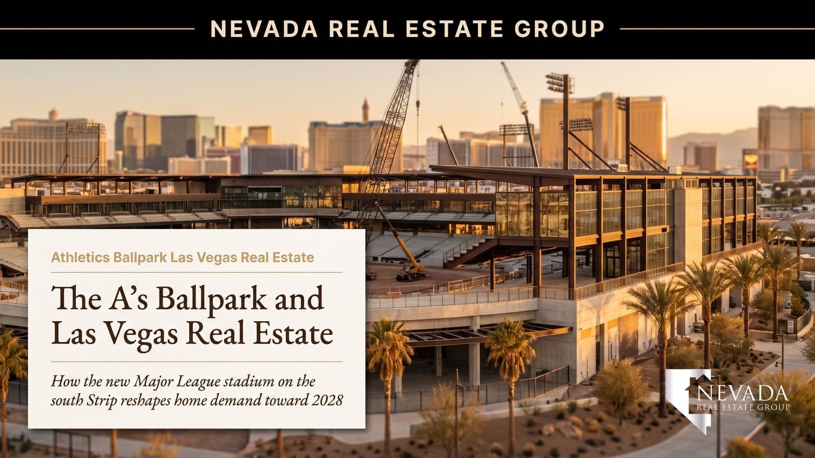 South Strip corridor at Las Vegas Boulevard and Tropicana Avenue where the Athletics MLB ballpark is rising on the former Tropicana site, illustrating the 2026 Las Vegas real estate impact