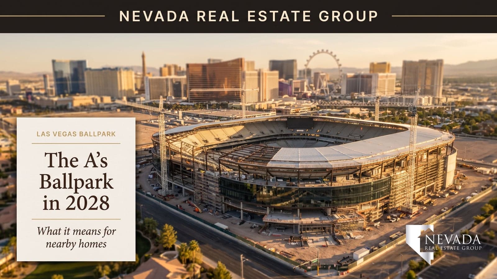 South Strip corridor at Las Vegas Boulevard and Tropicana Avenue where the Athletics MLB ballpark is rising on the former Tropicana site, illustrating the 2026 Las Vegas real estate impact