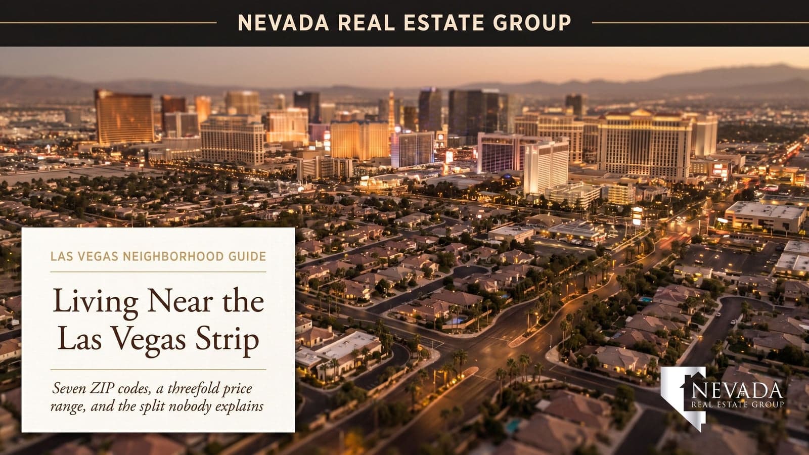 Aerial view of the Las Vegas Strip corridor at dusk with surrounding residential neighborhoods and high-rise towers