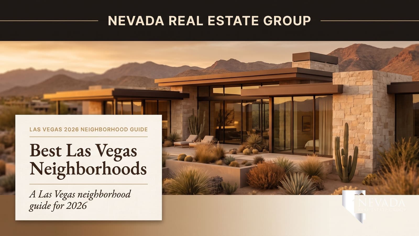 Las Vegas master-planned neighborhood with Red Rock Canyon backdrop and winding streets at dusk