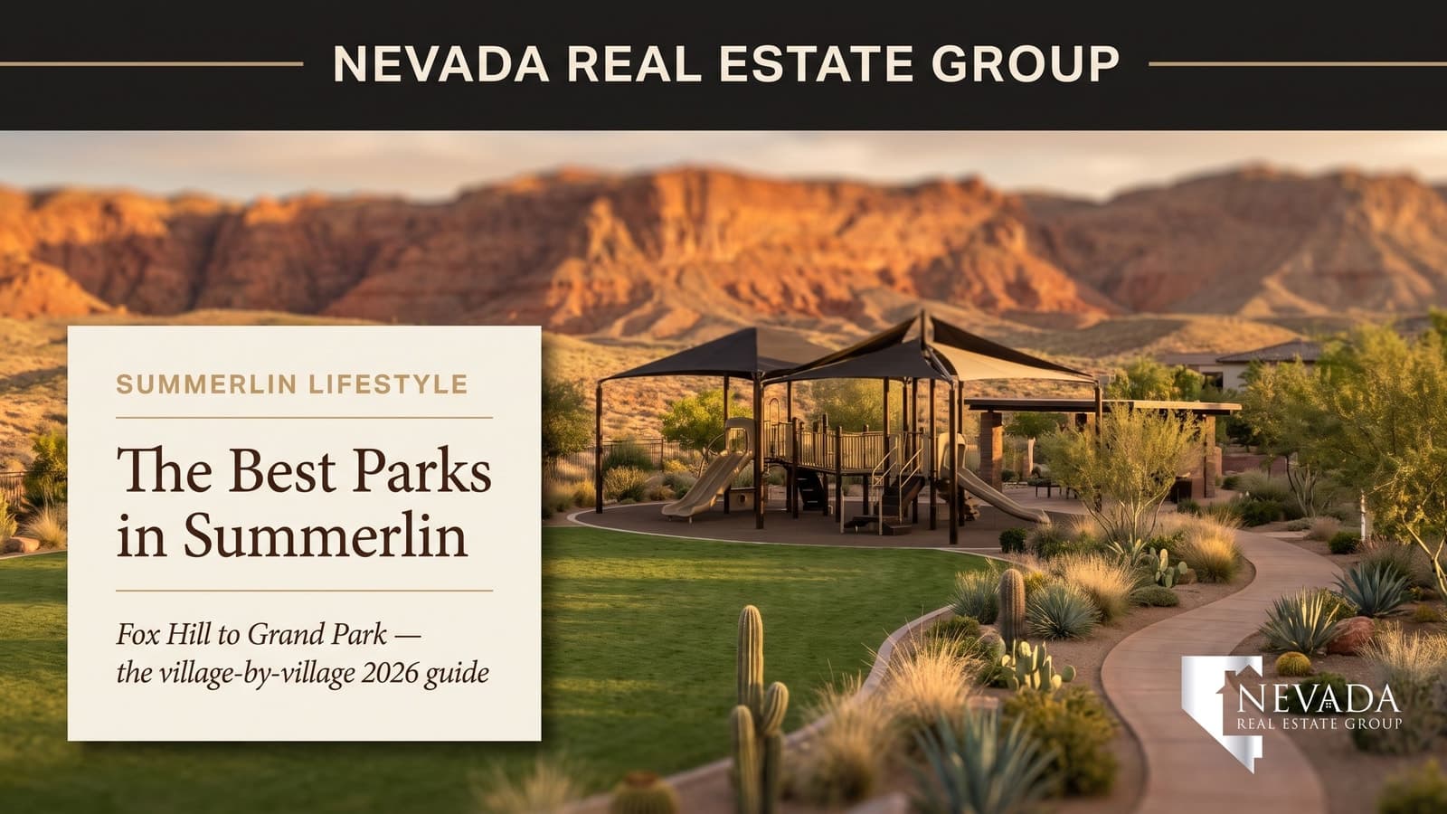 Summerlin community park with shaded playground, green event lawn, and paved trail connection with Red Rock Canyon's red sandstone escarpment in the background at golden hour