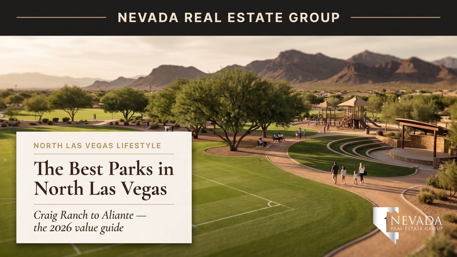Craig Ranch Regional Park in North Las Vegas with broad green sports fields, mature trees, walking paths, and playground structures under a bright desert sky
