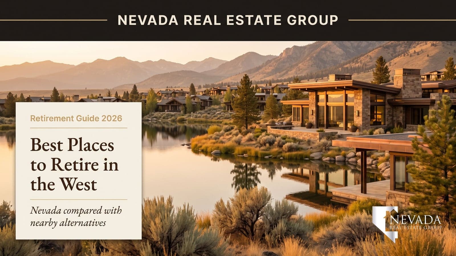 Western mountain and high-desert vistas with a lakeside town at golden hour, illustrating the best places to retire in the Western United States in 2026
