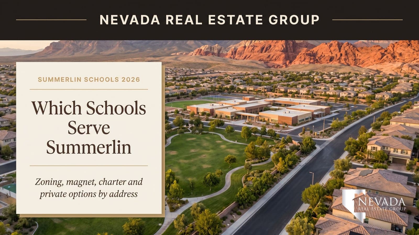 Aerial of a Summerlin neighborhood park, tile-roof homes and a public school campus below the Red Rock Canyon escarpment in Las Vegas