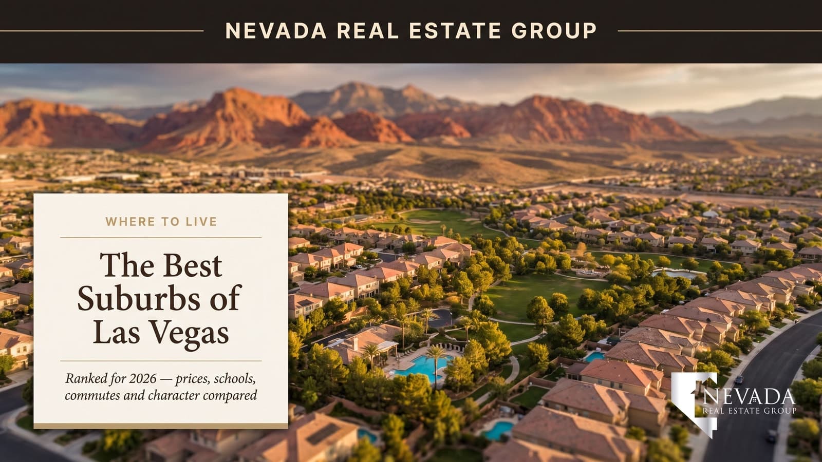 Aerial view of master-planned Las Vegas suburbs at golden hour with mountain backdrop, 2026