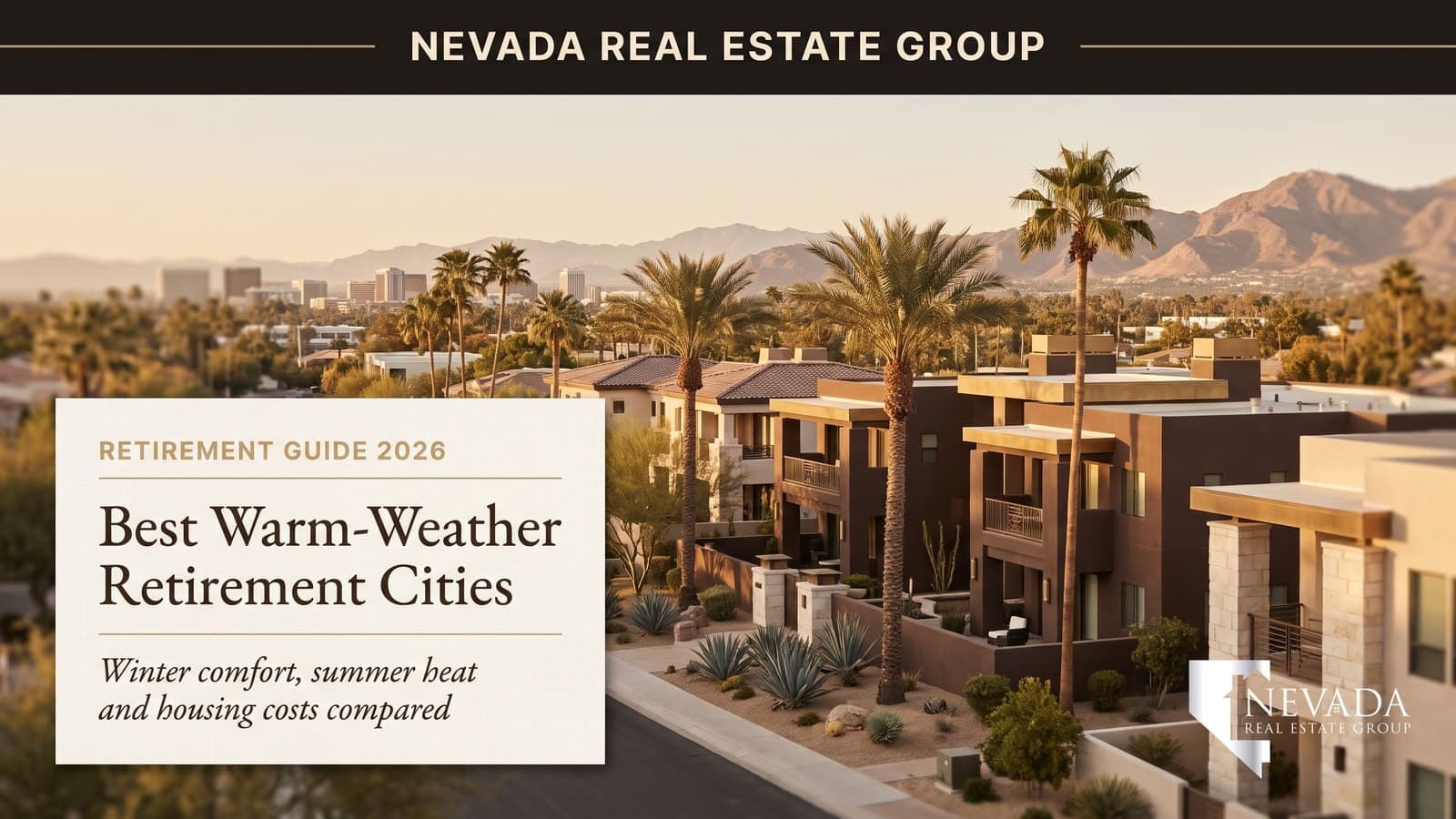 Sunny desert city skyline with palm trees and mountains under a clear sky, illustrating the best warm-weather retirement cities in 2026