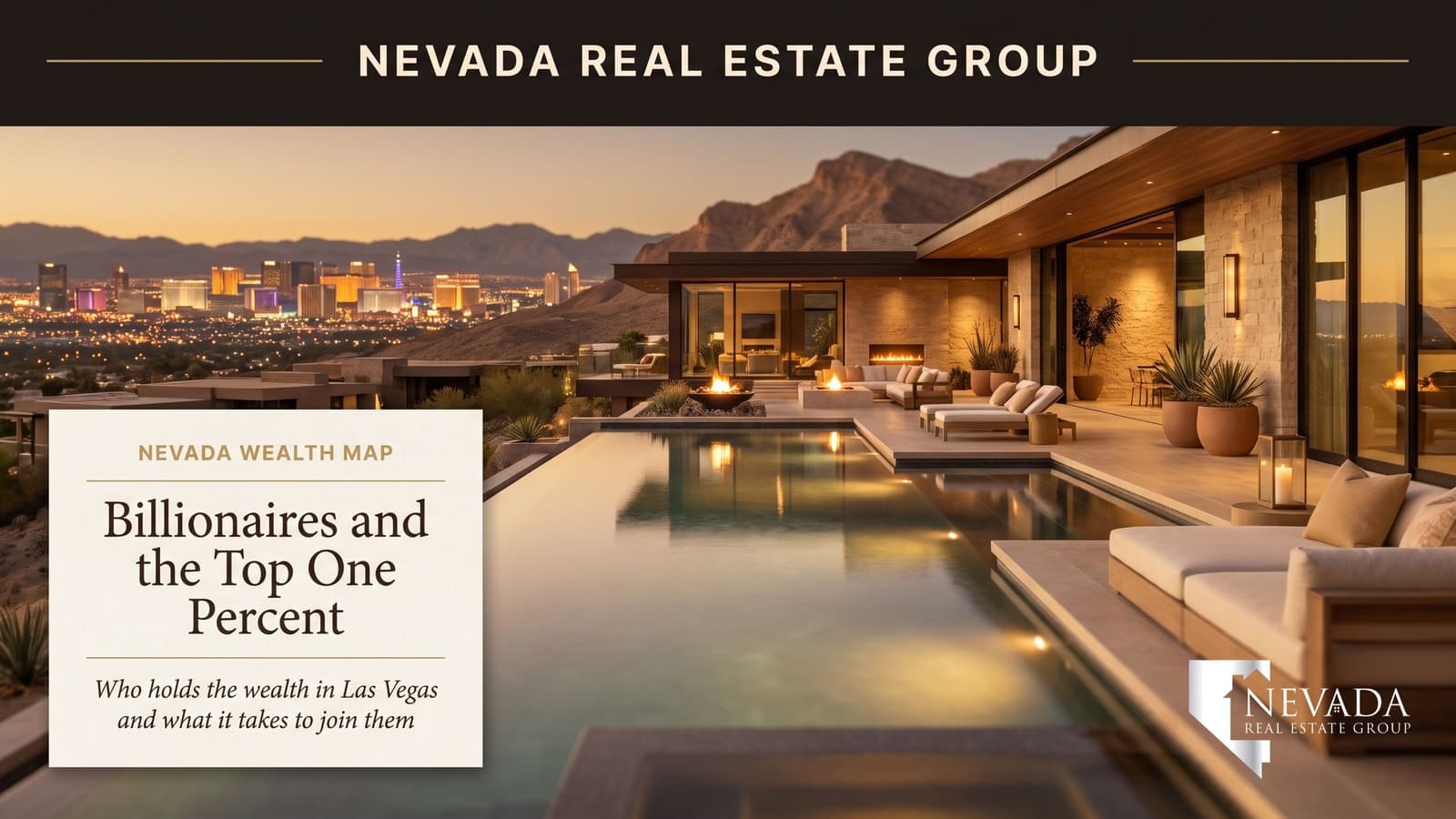 Las Vegas Strip skyline at twilight viewed from an elevated guard-gated luxury neighborhood, representing where Nevada's billionaires and top earners live
