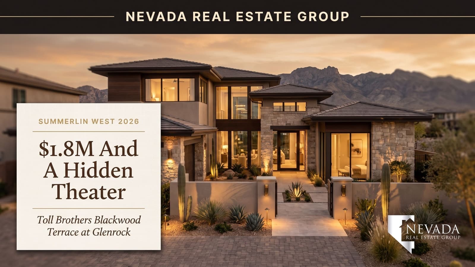 Toll Brothers Blackwood Terrace luxury new construction home at dusk in Glenrock, Summerlin West Las Vegas, with a walled entry courtyard and the Spring Mountains behind