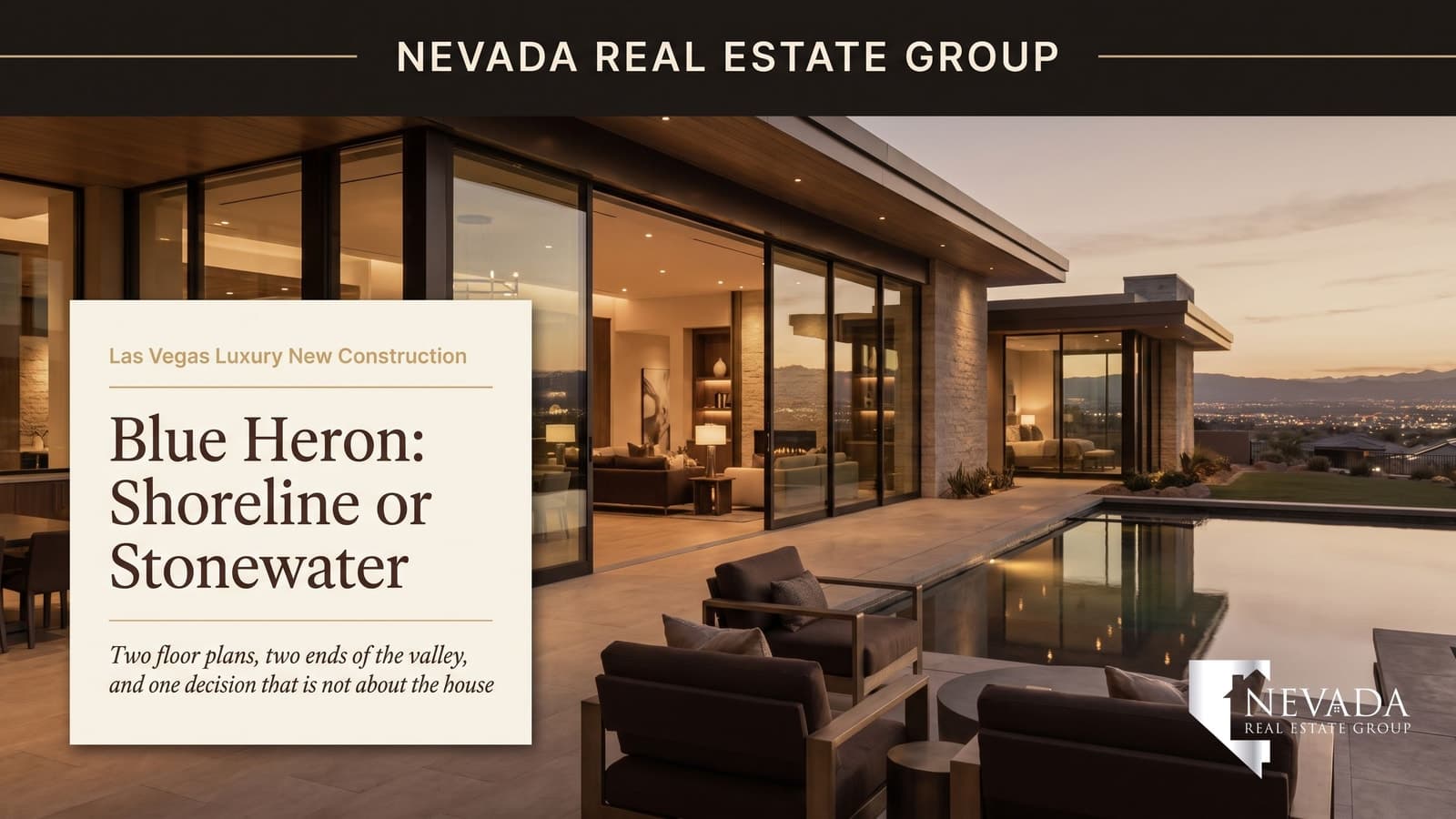 Blue Heron desert-modern luxury home with floor-to-ceiling glass at dusk in the Las Vegas valley, representing the Veran and Abrir floor plans