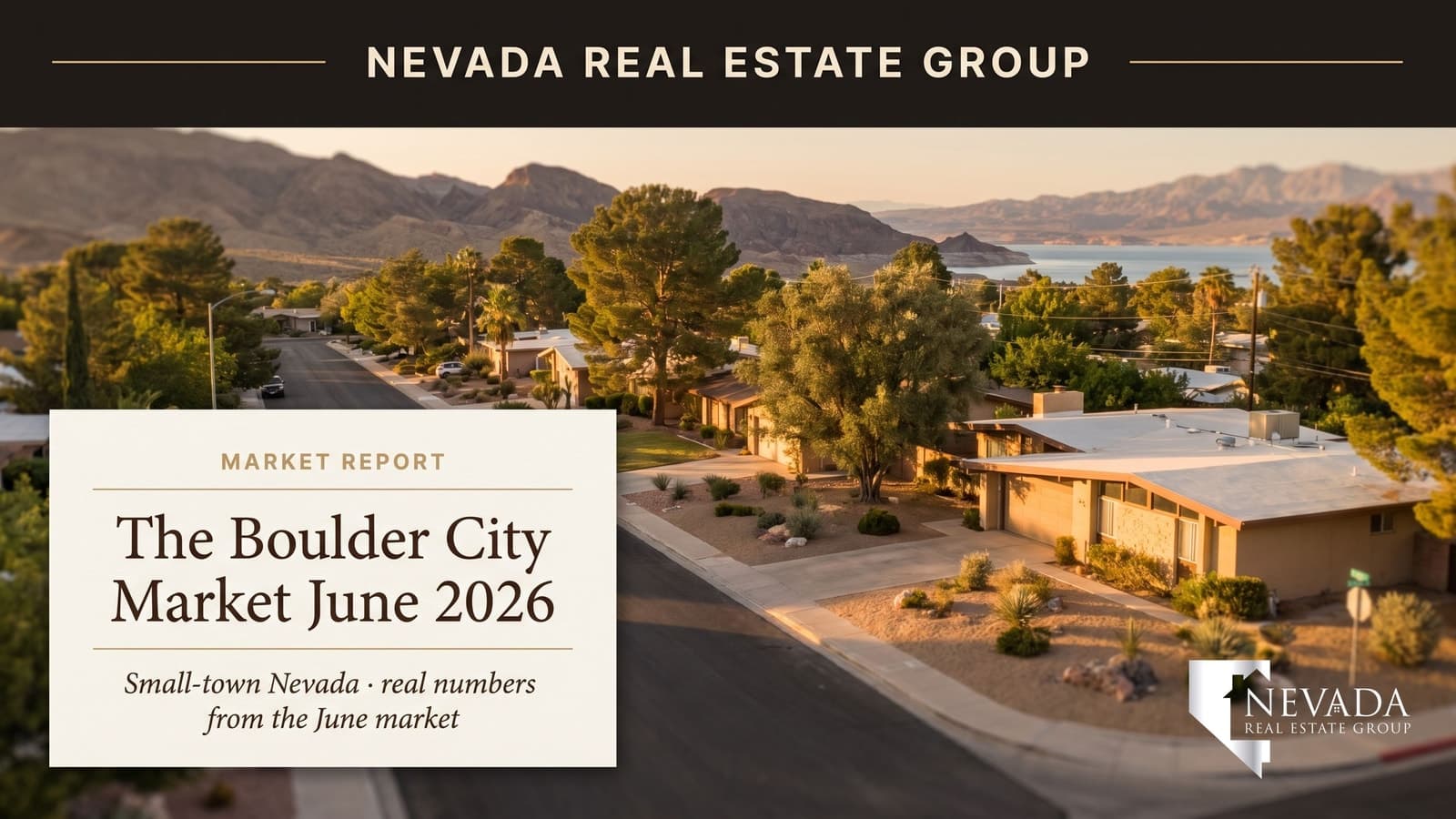 Boulder City Nevada historic tree-lined neighborhood at dusk with desert mountains beyond — June 2026 housing market report