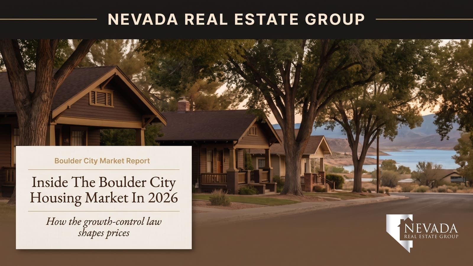 Boulder City Nevada historic residential neighborhood with mid-century homes and desert mountains — 2026 housing market guide