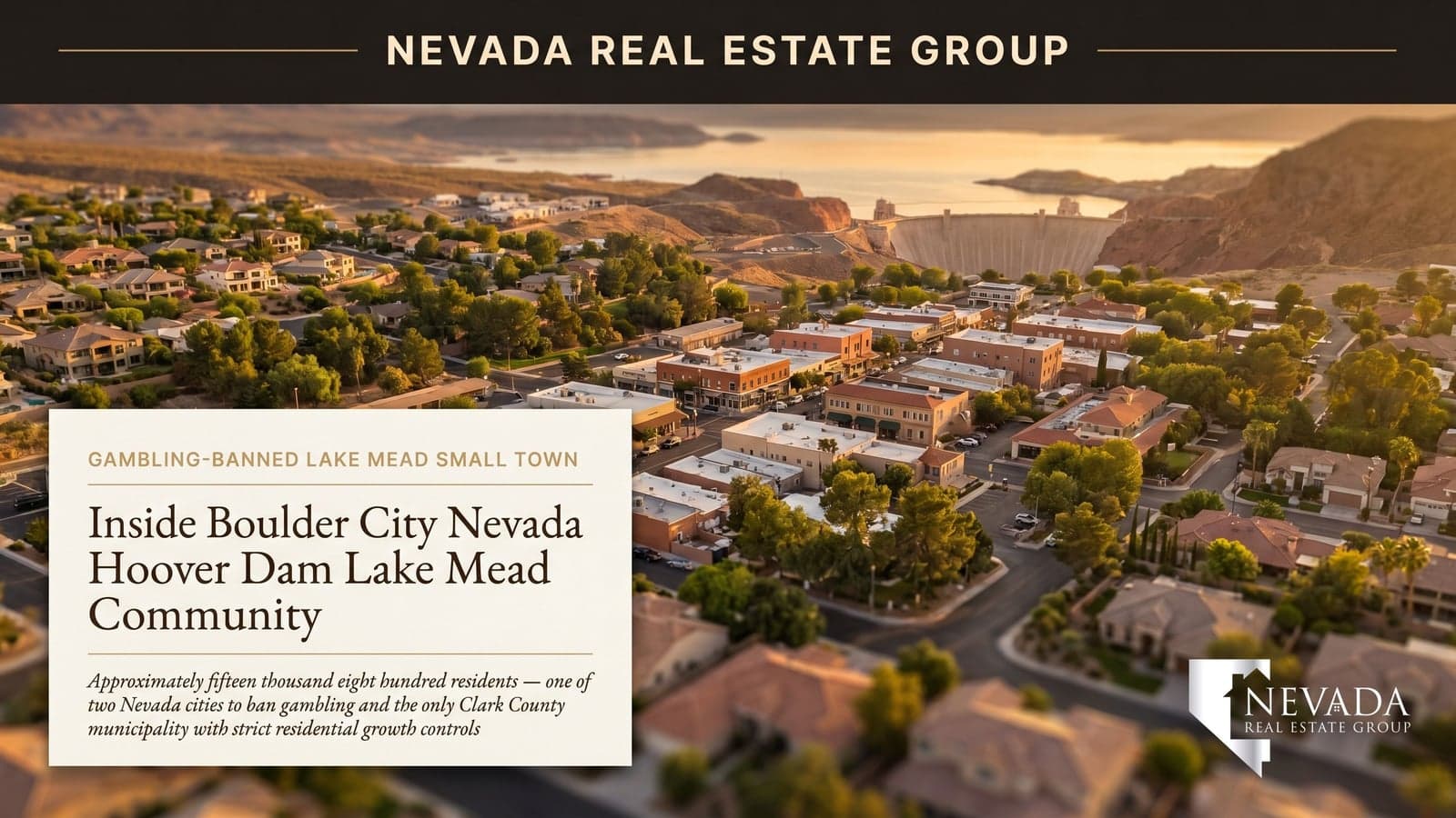 Boulder City Nevada historic downtown at golden hour with mid-century shopfronts and Lake Mead in the distance