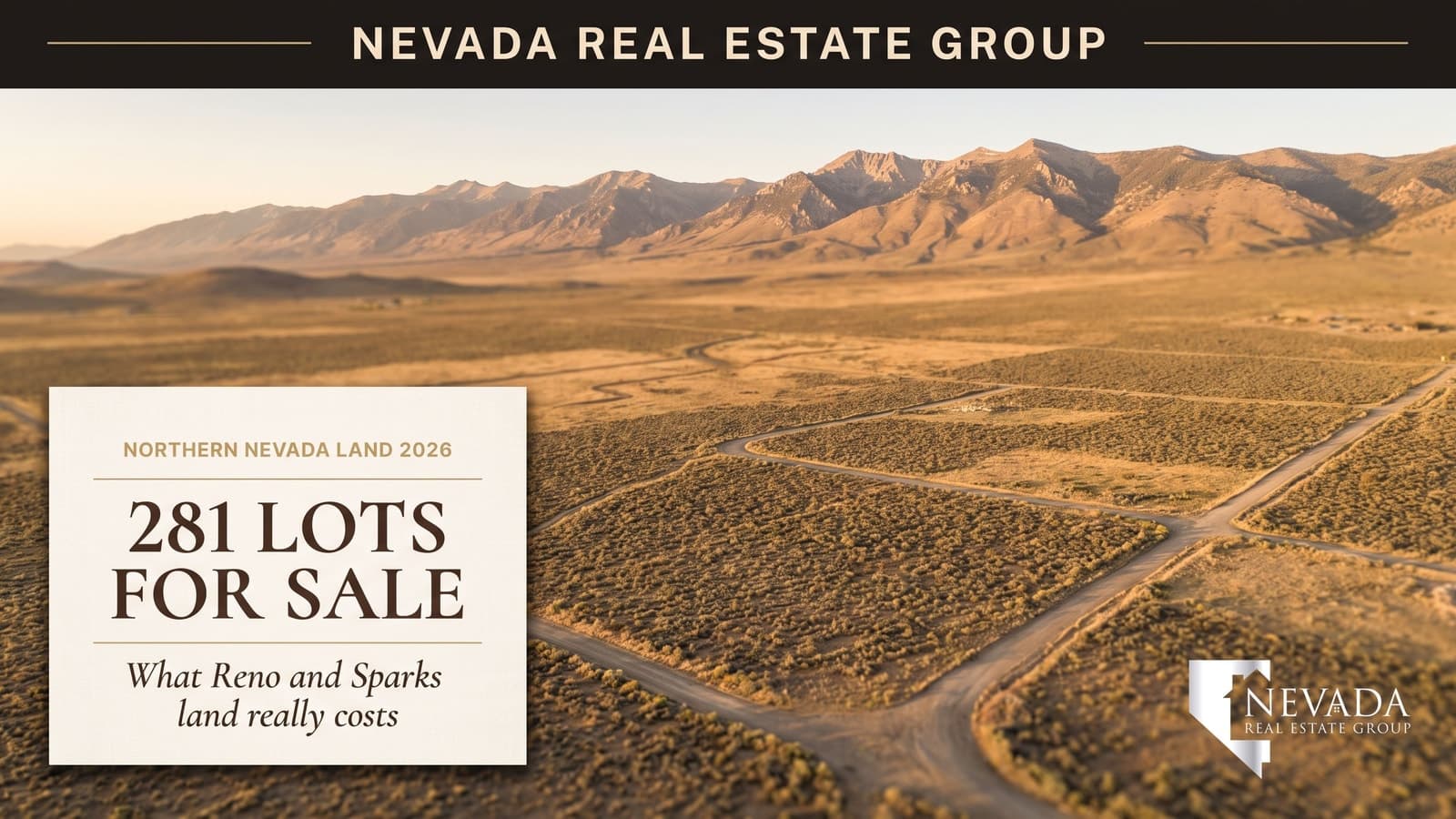 Aerial view of vacant high-desert land parcels north of Reno, Nevada with the Sierra Nevada range behind, illustrating the Reno and Sparks vacant land market in 2026