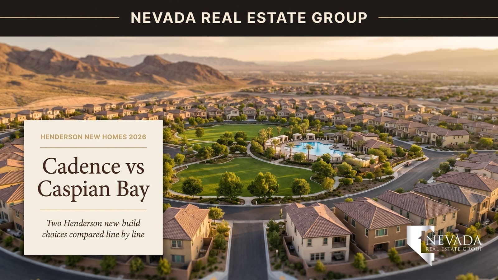 Aerial of a Henderson Nevada master-planned community with new two-story homes around a green central park and pool, illustrating the Cadence versus KB Home Landings at Caspian Bay comparison