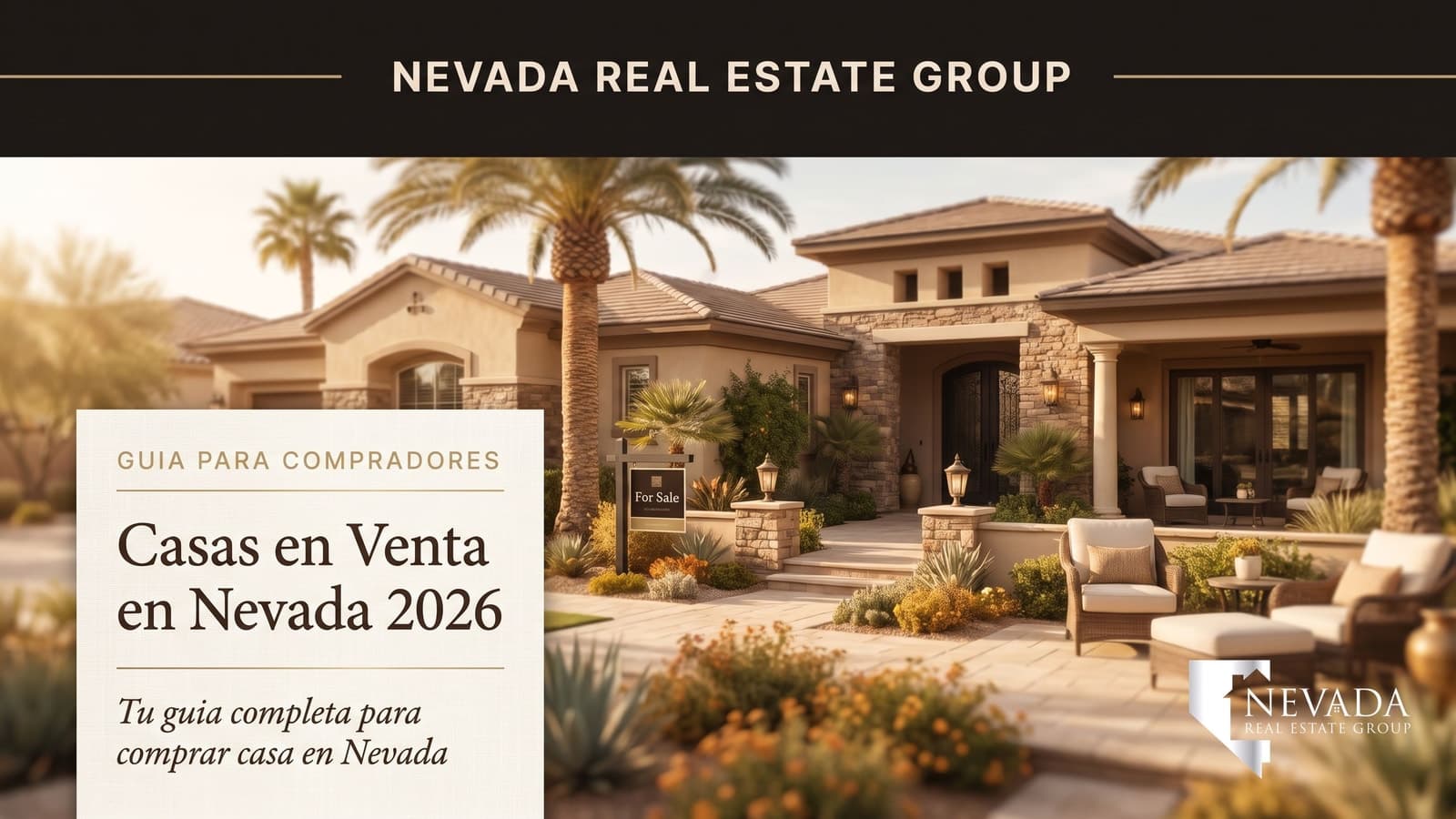 Casa suburbana luminosa en venta en Las Vegas, Nevada, con letrero de For Sale y palmeras, representando casas en venta en Nevada en 2026
