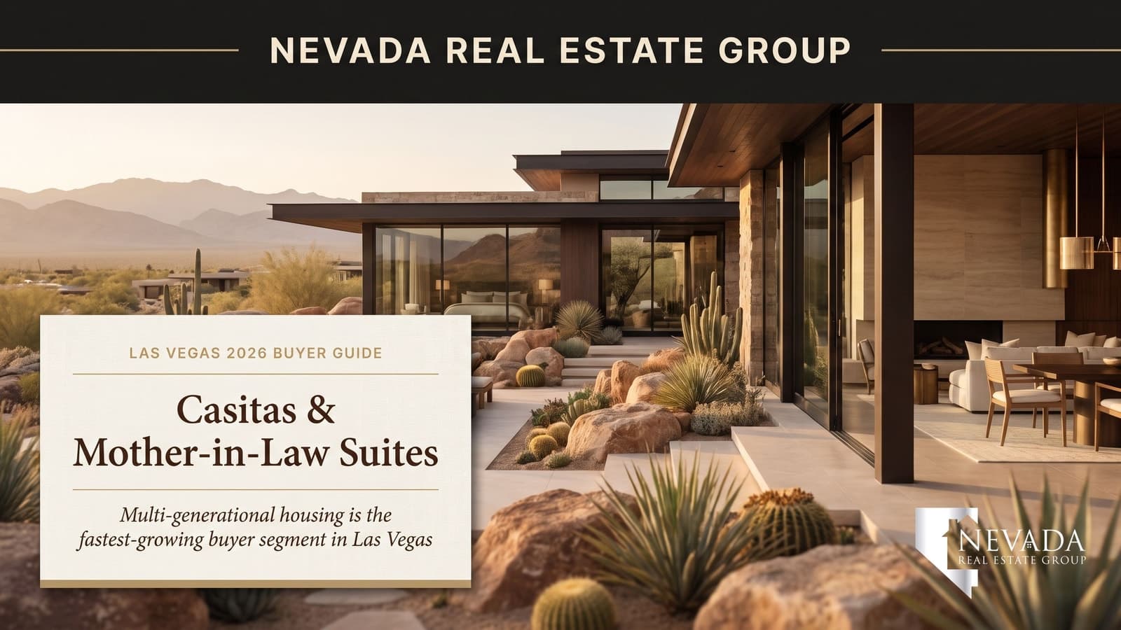 Detached single-story Las Vegas casita with travertine path, mature landscaping, and main custom home visible behind — representative multi-generational layout in Henderson and Summerlin estate communities
