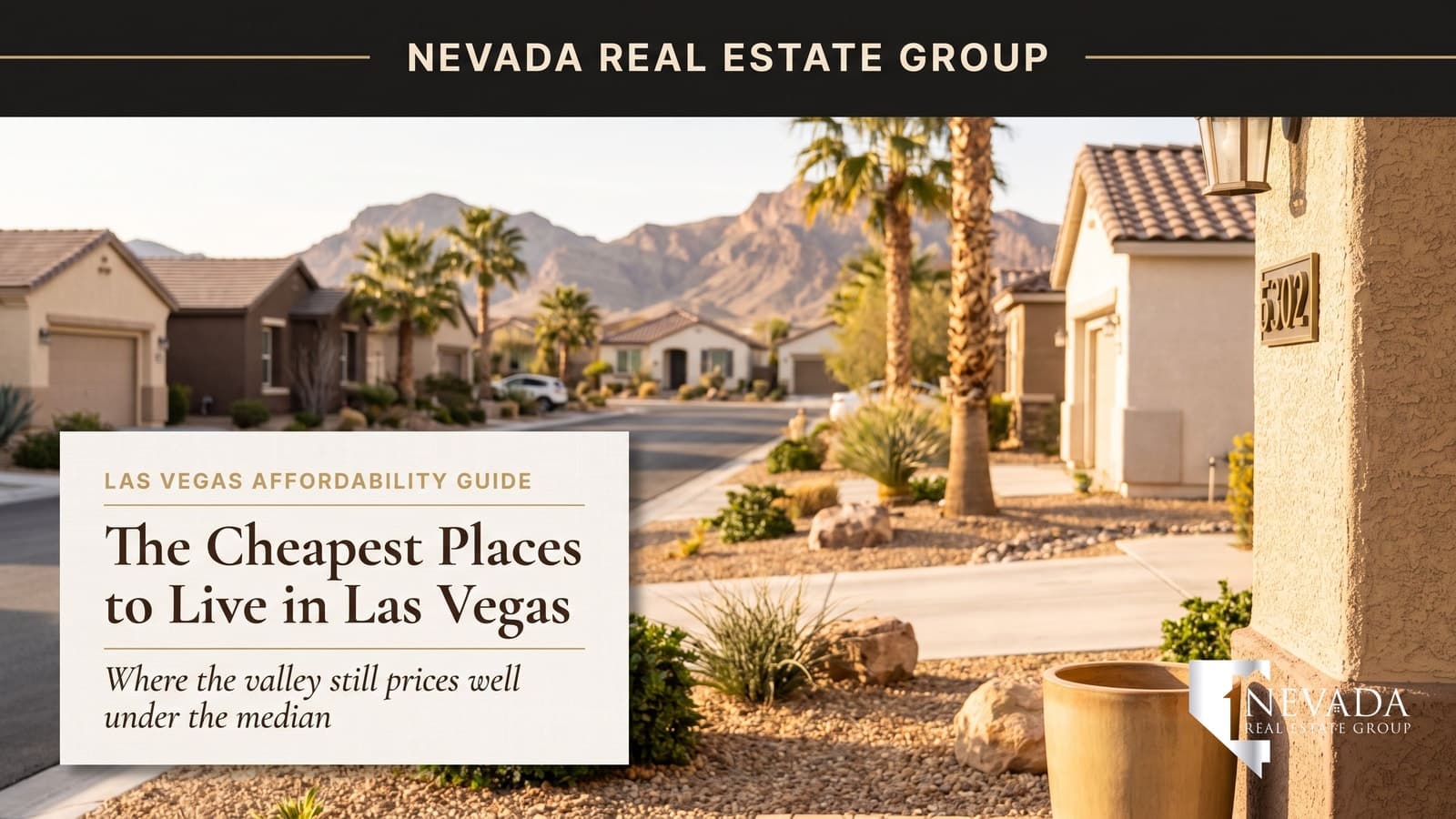 Affordable single-family homes on a sunny residential street in the Las Vegas valley with desert mountains in the background