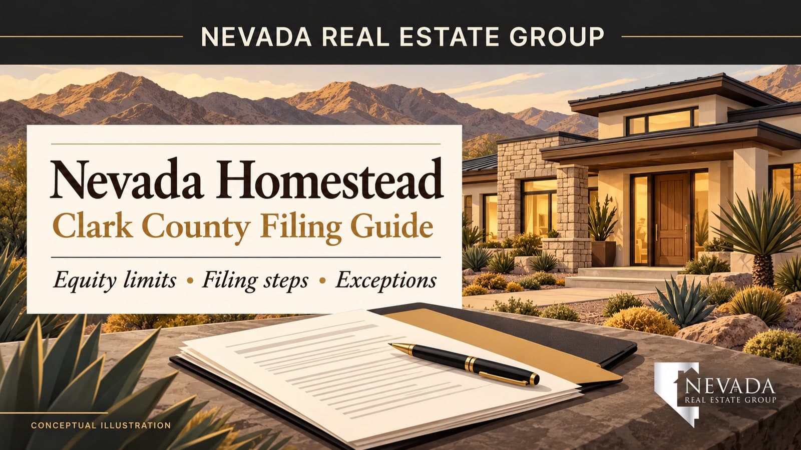 Conceptual illustration of a desert home, unsigned document and pen for a Clark County homestead filing guide