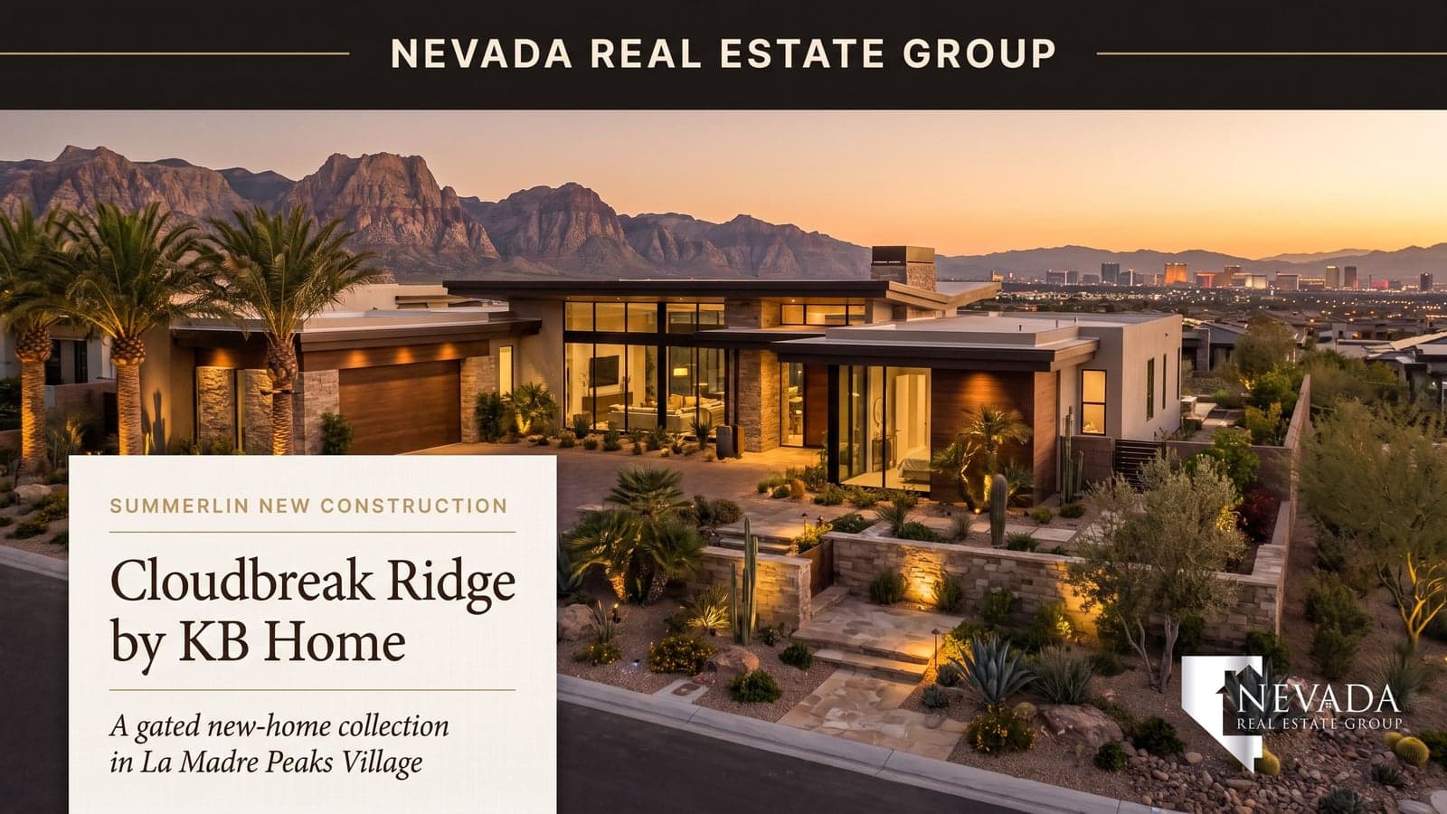 Gated single-story new-construction home in Summerlin's La Madre Peaks Village at golden twilight with desert landscaping and the Spring Mountains behind it