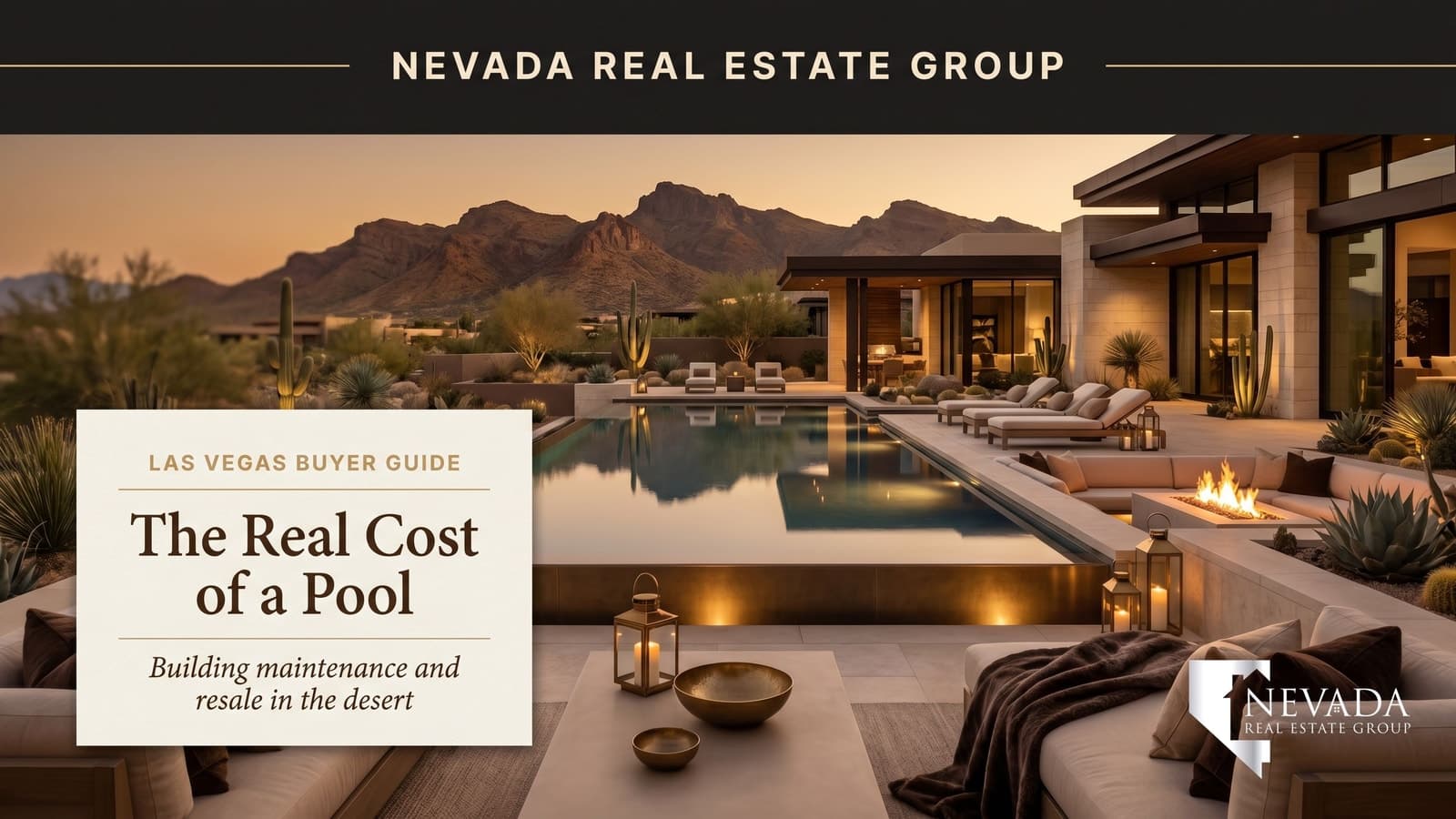 Resort-style backyard pool in Las Vegas with desert landscaping, water features, and Spring Mountains in the background on a sunny summer afternoon