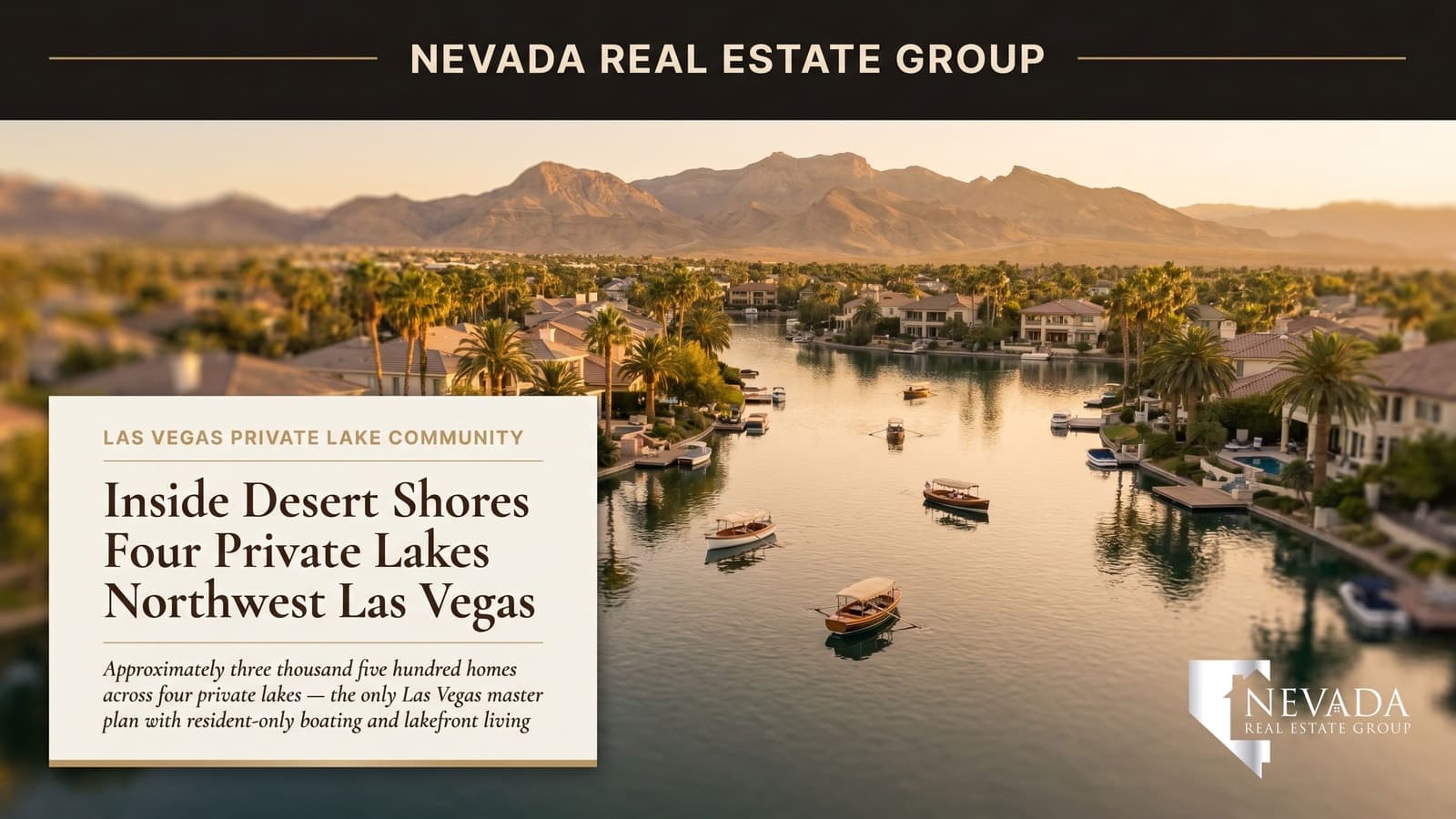 Desert Shores northwest Las Vegas private lake at golden hour with paddleboats and lakefront homes