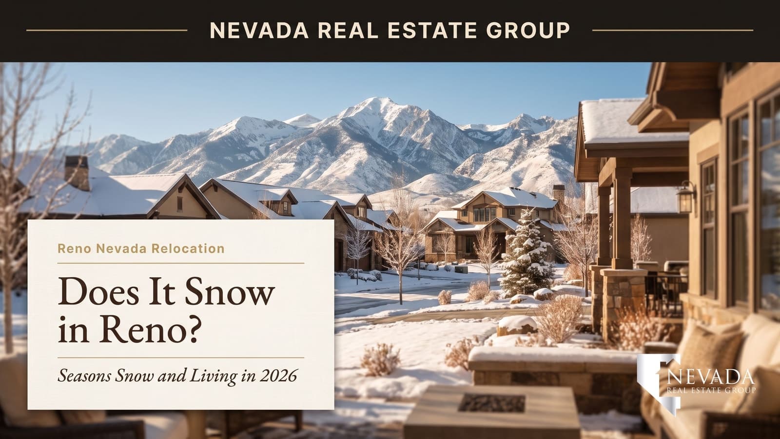 Reno Nevada neighborhood with fresh snow and the Sierra Nevada mountains behind, illustrating a 2026 guide to Reno's seasons and winter relocation