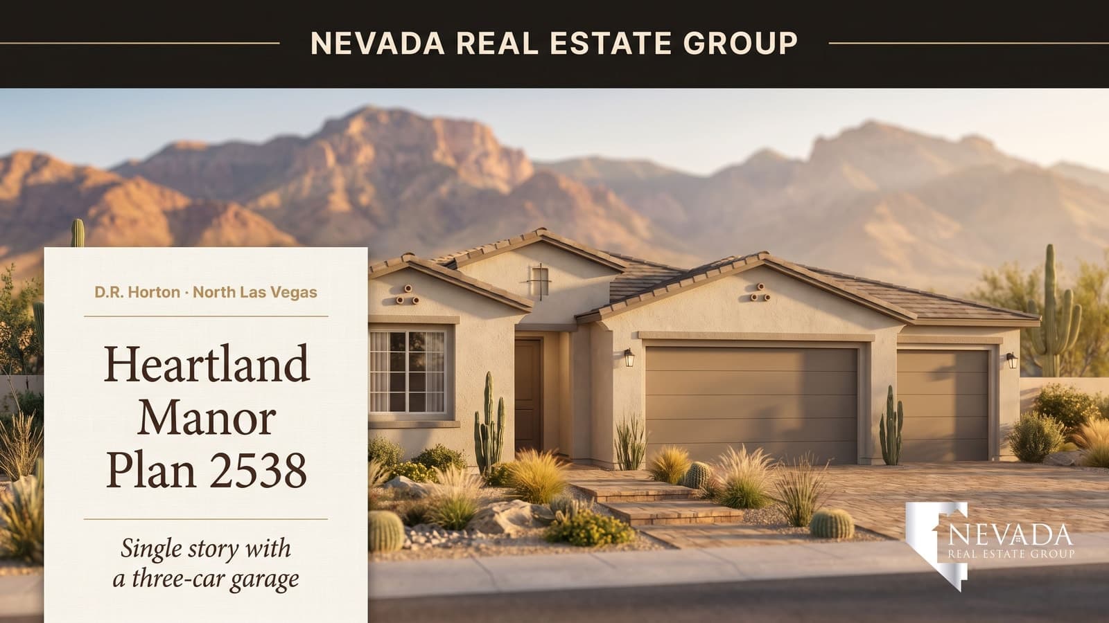 D.R. Horton Plan 2538 — a single-story home with a 3-car garage at Heartland Manor in the Villages at Tule Springs, North Las Vegas 2026