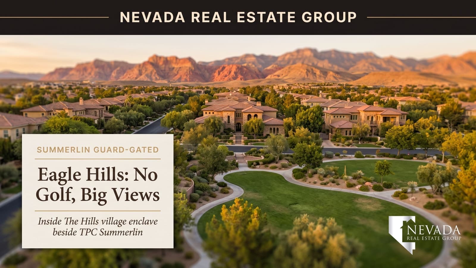 Eagle Hills guard-gated custom estates in Summerlin's The Hills village at golden hour with Red Rock Canyon and the Spring Mountains behind them and a neighborhood park in the foreground