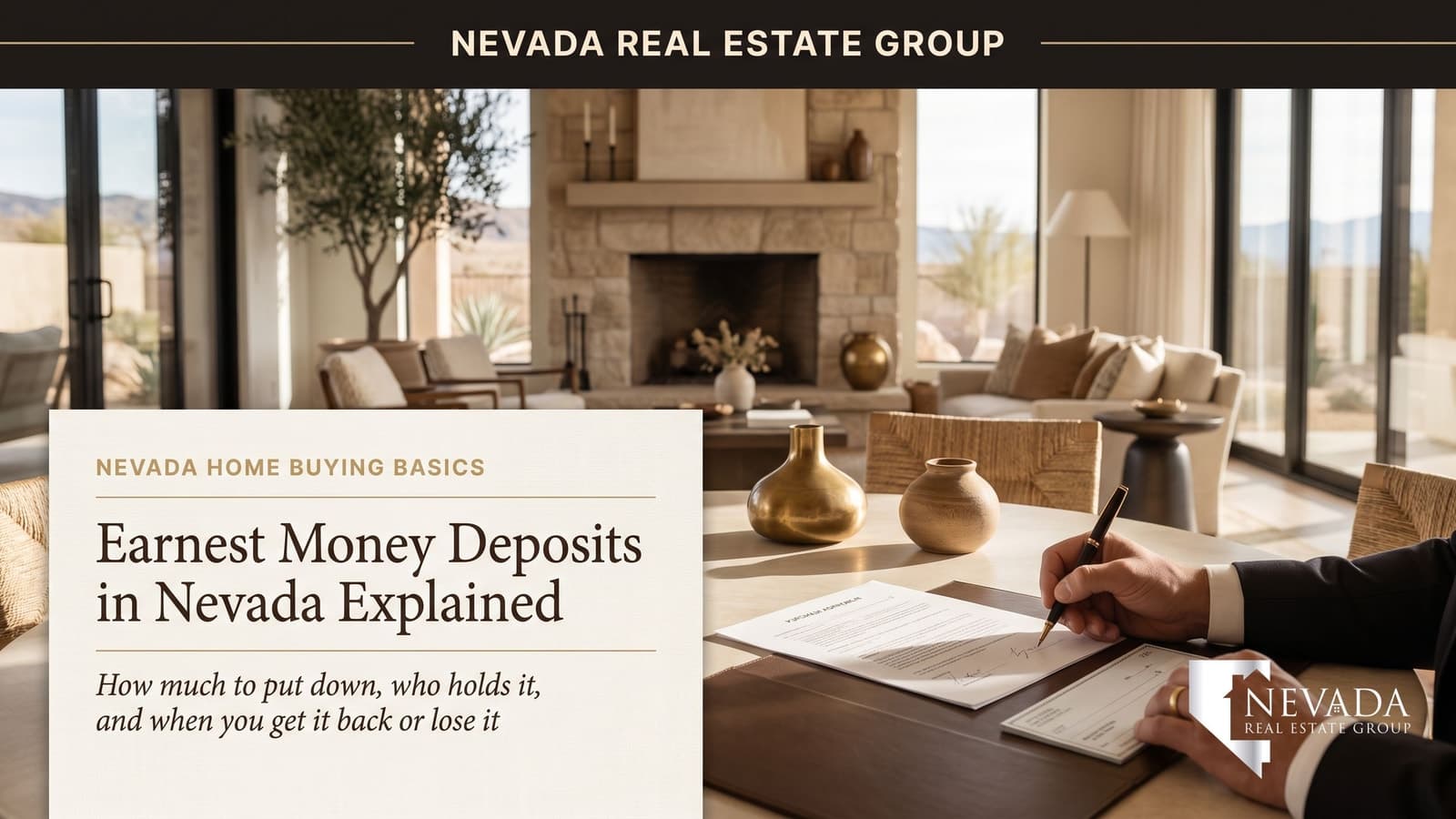 Nevada homebuyer writing an earnest money deposit check at a purchase agreement signing 2026