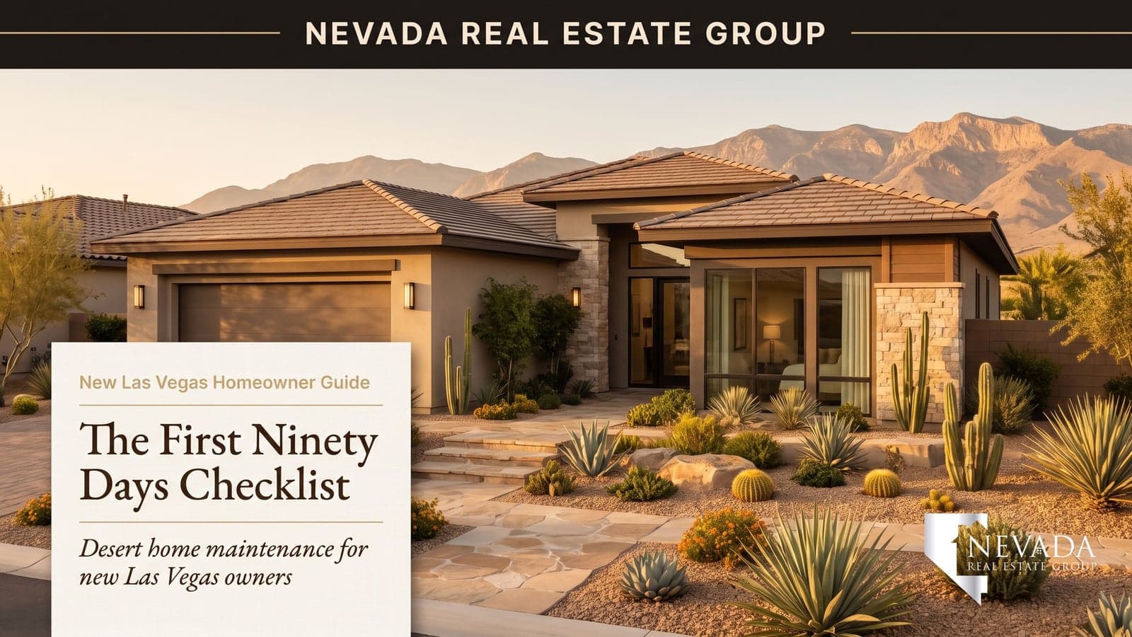 A new single-story Las Vegas home with desert xeriscape landscaping and a tile roof at golden hour, the Spring Mountains behind it