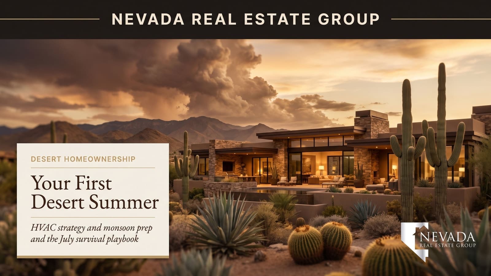 Las Vegas home under dramatic monsoon sky in summer 2026 — first desert summer homeowner survival guide