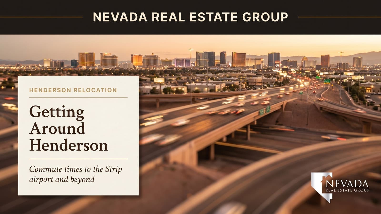 Henderson Nevada freeway interchange at golden hour showing I-215 Beltway and suburban neighborhoods with the Las Vegas Strip visible on the western horizon
