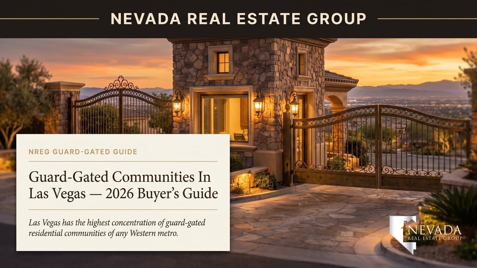 Twilight aerial view of a guard-gated luxury community in the Las Vegas valley with manicured streets, palm-lined entry boulevard, and a staffed guard kiosk in the foreground — representative of the high-end guard-gated enclaves across Summerlin and Henderson