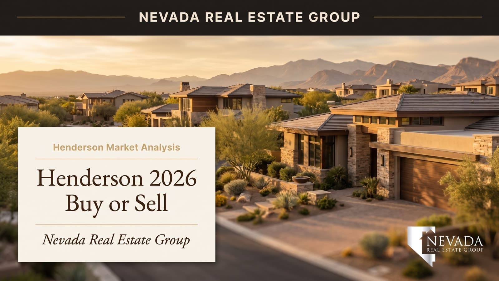 Henderson Nevada residential neighborhood at golden hour with the Las Vegas Strip skyline in the distance
