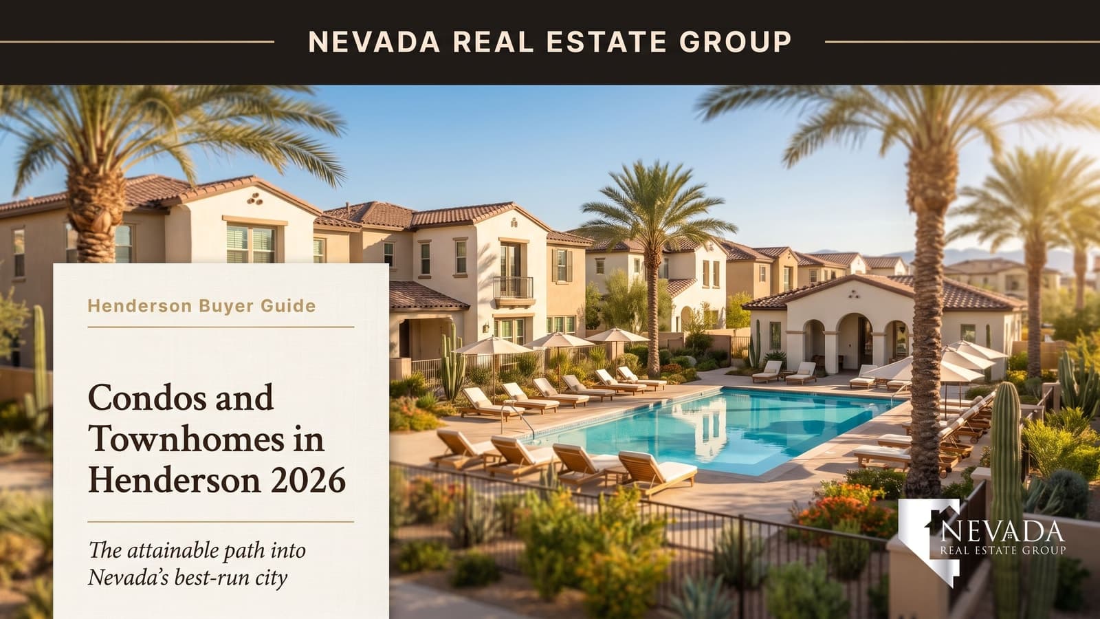 Bright Mediterranean-style Henderson Nevada townhome community with resort pool and palm trees, representing the 2026 Henderson condos and townhomes buyer guide