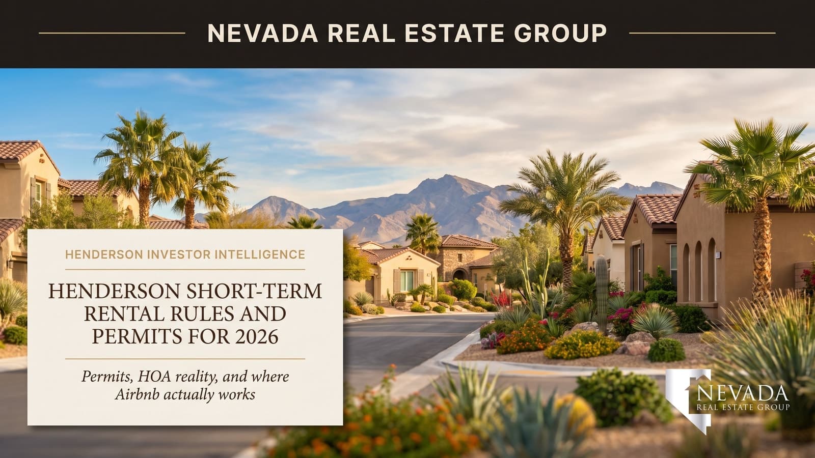 Sunny Henderson Nevada suburban neighborhood with stucco homes, palm trees, and the Black Mountain range, illustrating Henderson short-term rental rules and permits for 2026
