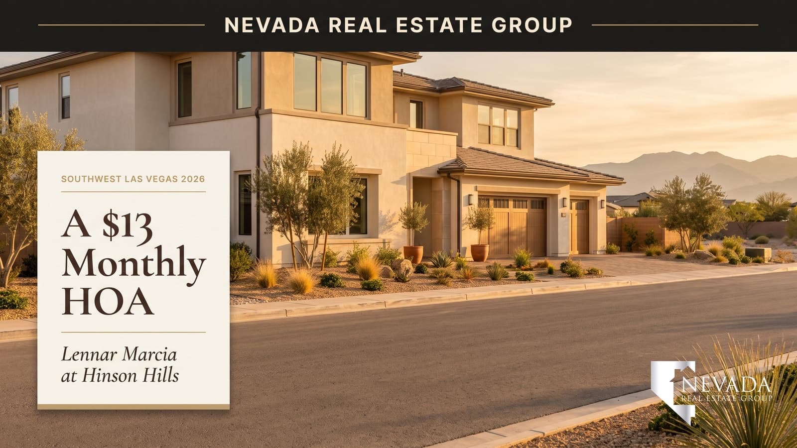 Two-story Lennar new construction home at Hinson Hills in southwest Las Vegas in morning light, with desert landscaping and a two-car garage