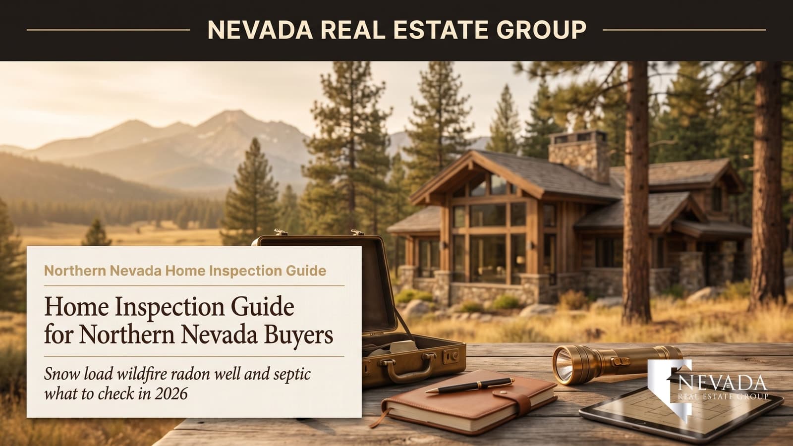 Home inspector reviewing an older Northern Nevada house near Reno with snow-country roofing and forested wildfire exposure, the issues buyers weigh in 2026