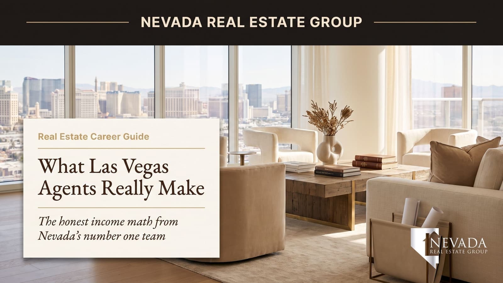 Las Vegas real estate agent reviewing commission income and closing documents with the Strip skyline in the background, representing how much agents make in Las Vegas