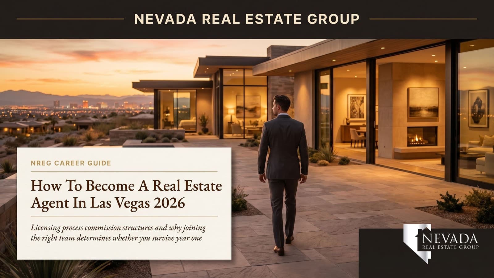 Aerial view of the Las Vegas valley at golden hour with the Strip skyline and surrounding suburban master plans visible — the territory where 18,000+ licensed Nevada real estate agents compete for clients in 2026