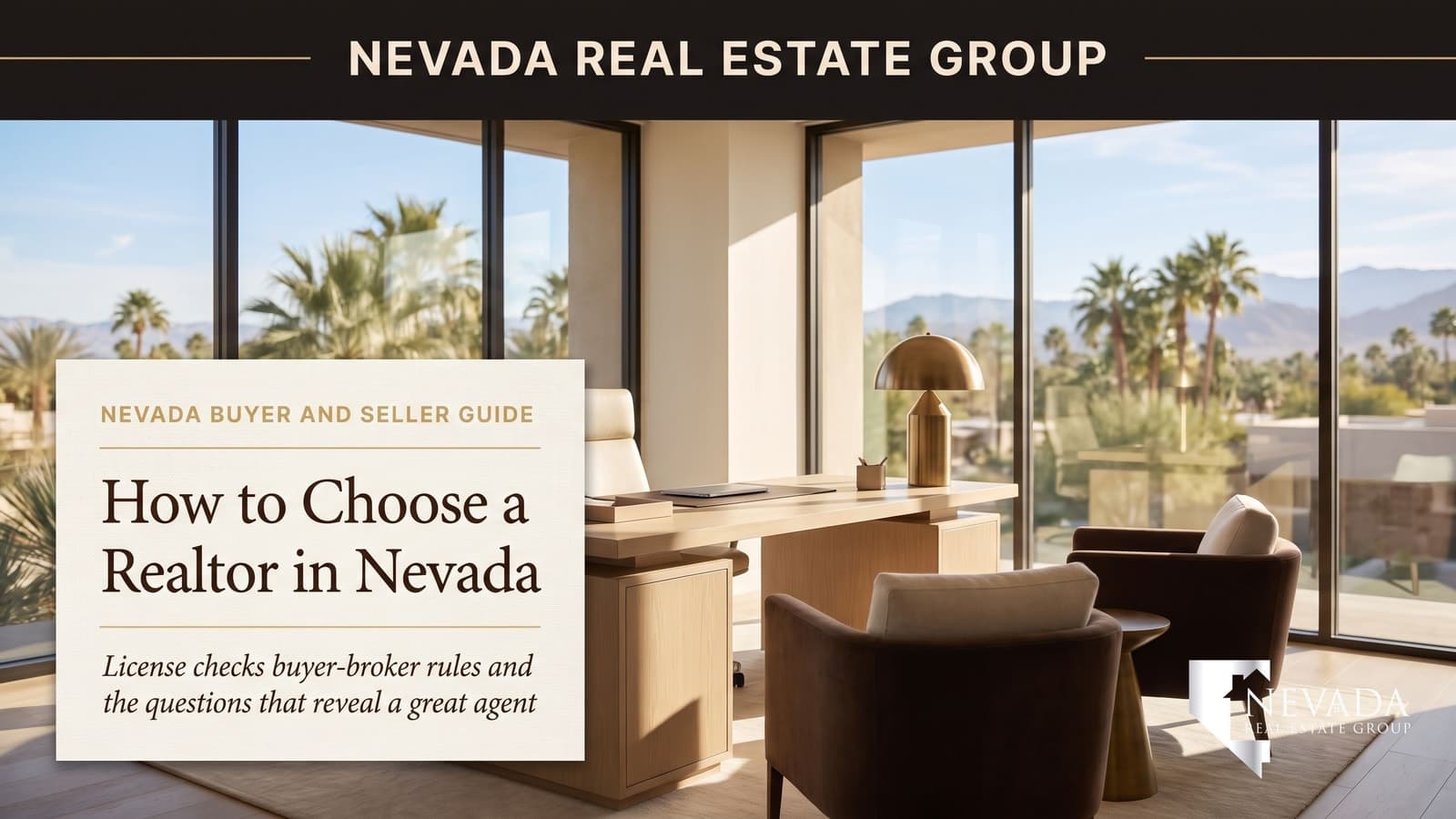 Nevada realtor shaking hands with a happy couple in a bright modern office, representing how to choose a realtor in Nevada in 2026