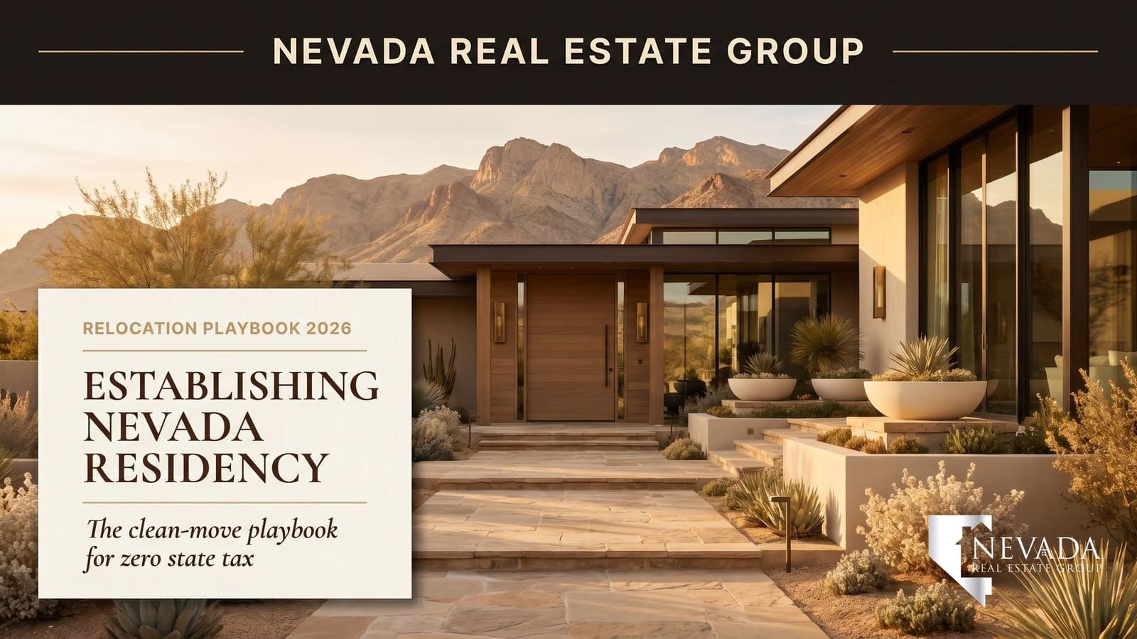 Las Vegas home with keys and Nevada landscape at golden hour, symbolizing establishing Nevada residency for zero state income tax — Nevada Real Estate Group