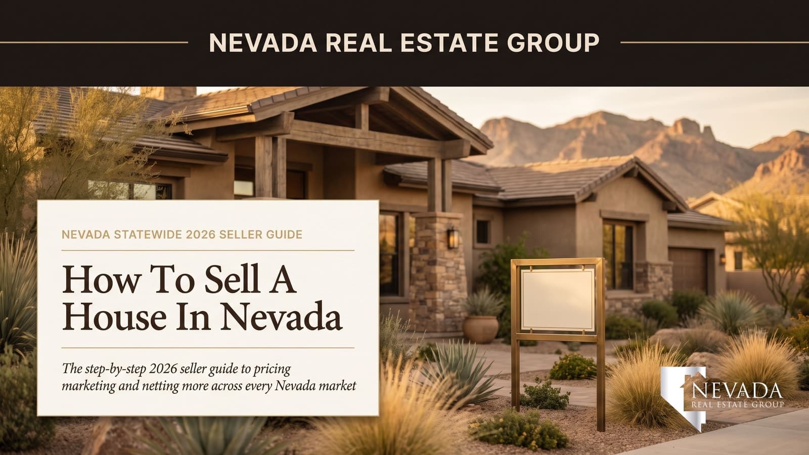 Nevada home with a real estate yard sign and desert mountains — how to sell a house in Nevada 2026 seller guide