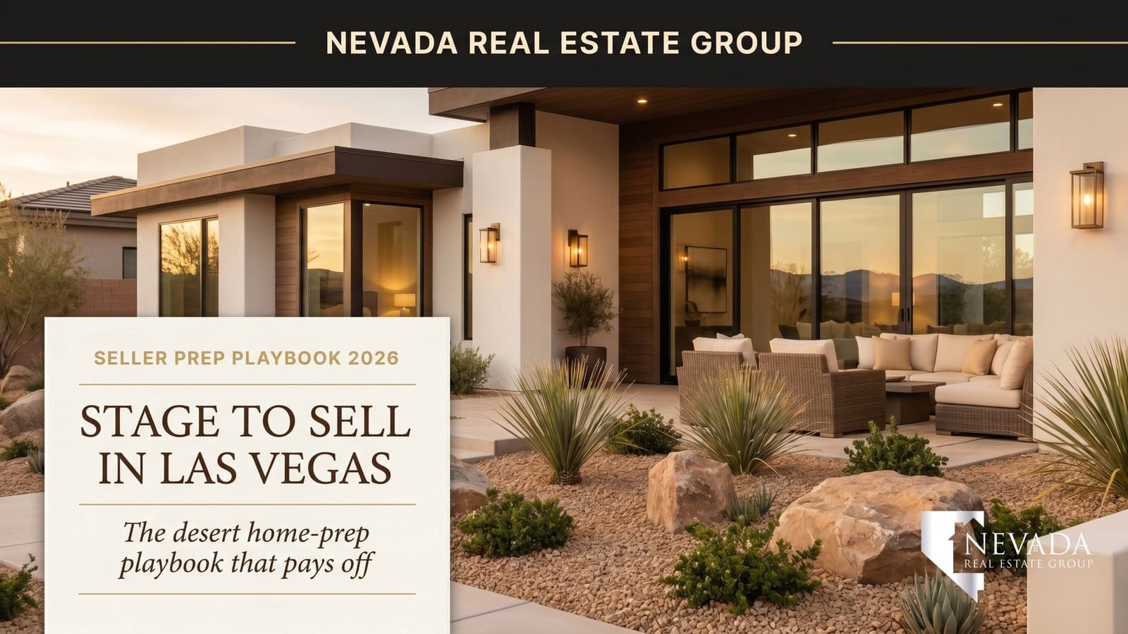 Beautifully staged and prepped Las Vegas home with desert curb appeal at golden hour, ready to sell — Nevada Real Estate Group