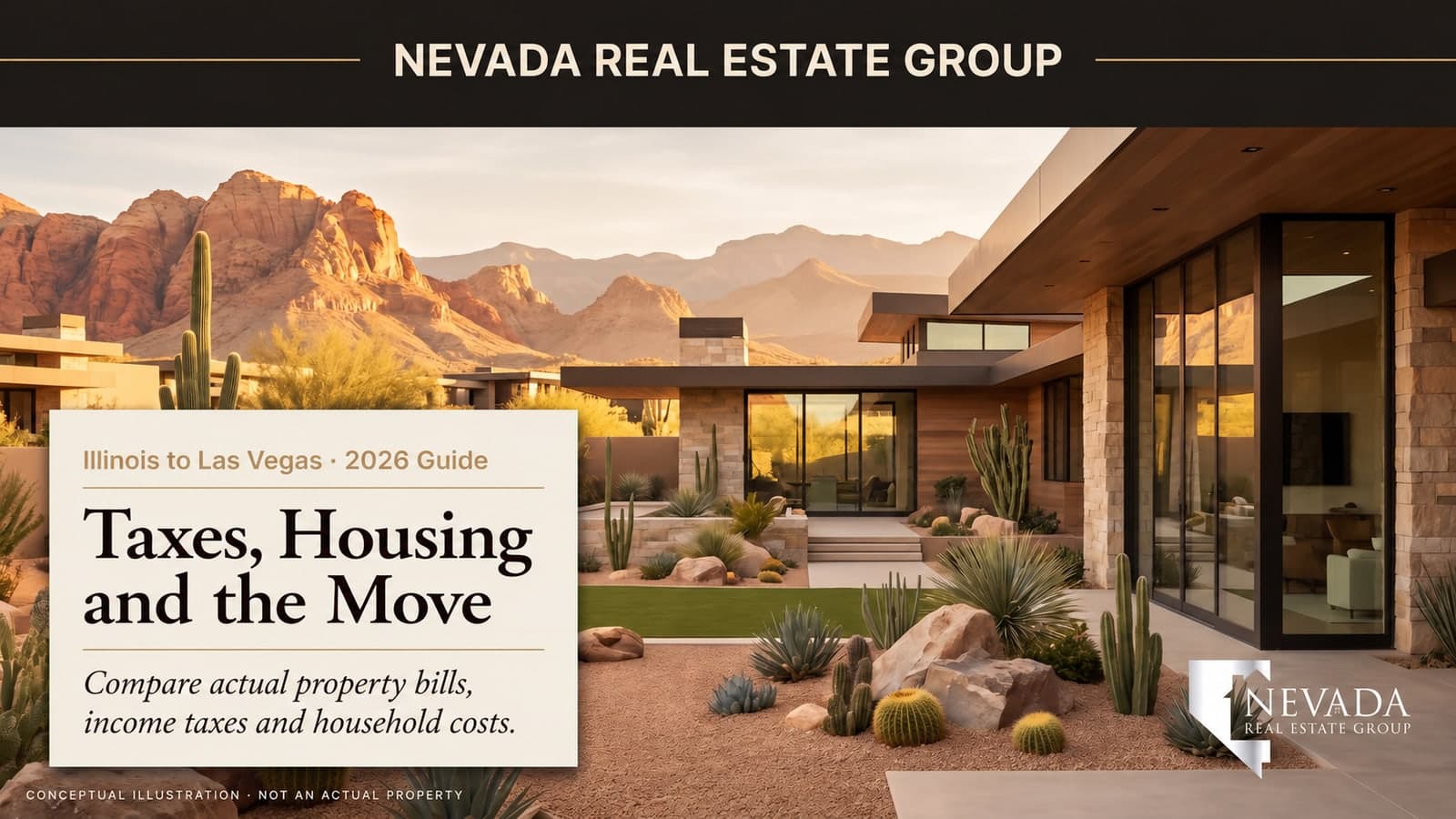 Conceptual illustration of a Las Vegas-area home and mountain landscape for an Illinois relocation comparison; not an actual property.